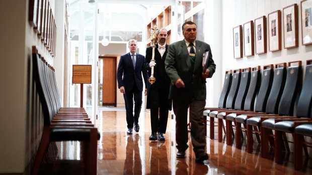 Tony Smith walks to the House of Representatives chamber from his office. Speaker of the House is a job invested with the gravity of ages.