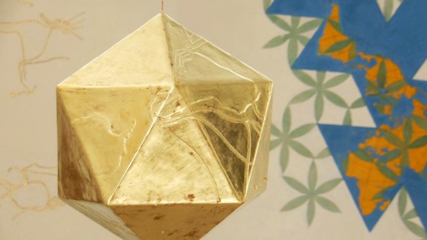 Detail from  Desmond Lazaro's Gold, Glory and God, World Making -  Icosahedron after Buckminster Fuller's Dymaxion (2017).