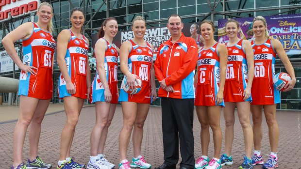 Ready for the Magic: Swifts coach Rob Wright with his all-star netball team.