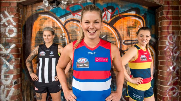 Moana Hope, Katie Brennan and Ebony Marinoff at the AFL Women's uniform launch on Thursday.