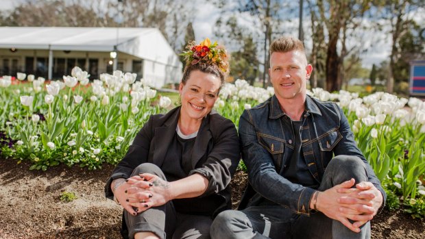 Loulou Moxom, from florist Moxom and Whitney, and My Kitchen Rules star Scott Gooding at Floriade 2016. 