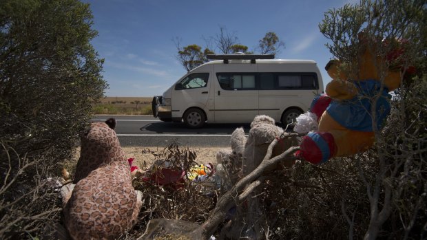 A roadside memorial where the remains of a two-year-old girl were found in a suitcase,  west of Wynarka, South Australia. 