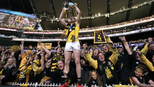 Tigers Jack Riewoldt  celebrates with fans.