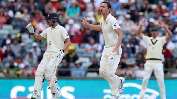 Close call: Australian fast bowler Josh Hazlewood appeals for a decision on day four.