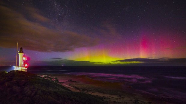 The aurora australis light show seen from Point Lonsdale.