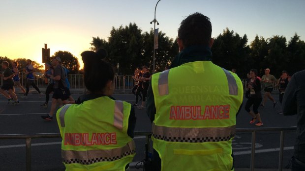 Queensland Ambulance Service staff on site at the Gold Coast Marathon in 2016.