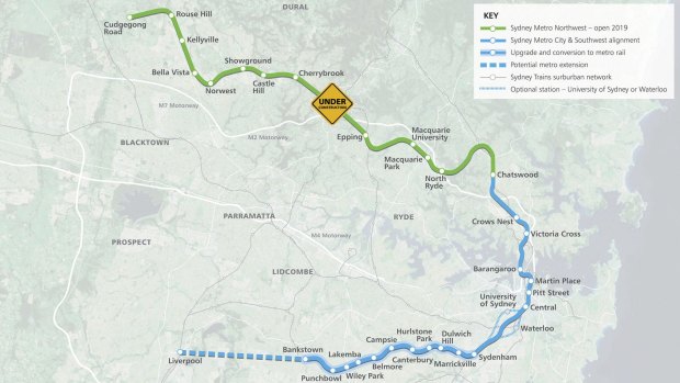 A map of the new metro line from Sydney's north-west to the south-west via the CBD. 