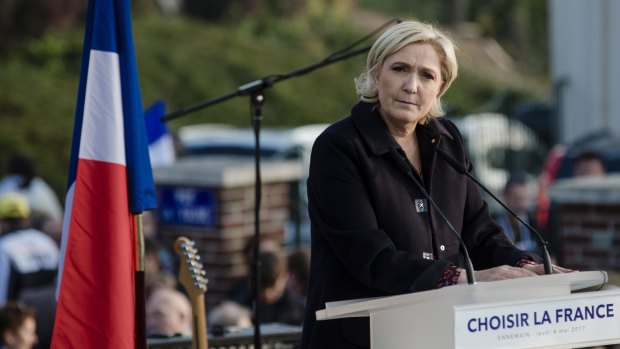 Marine Le Pen, French presidential candidate, during an election campaign event in Ennemain, France.