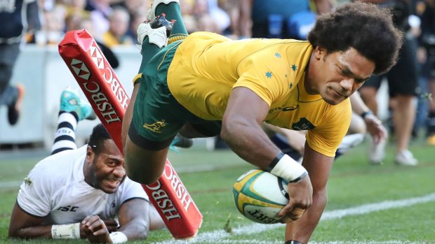 Henry Speight of the Wallabies scores the second try of the match during the Test match between the Australia and Fiji.