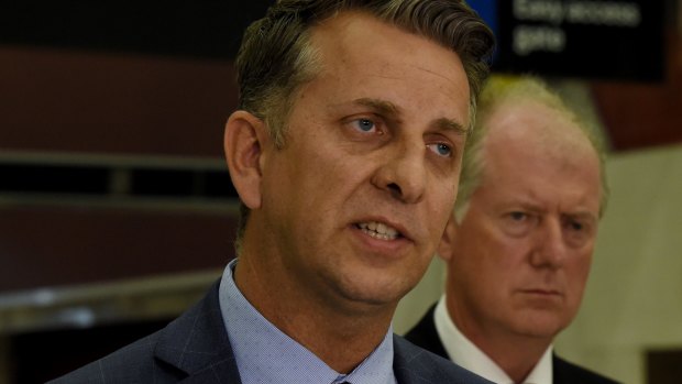 Transport minister Andrew Constance with Sydney Trains CEO Howard Collins at Martin Place on Monday.