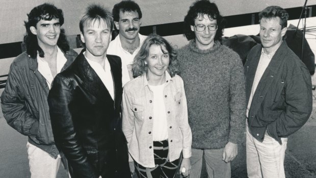 Hugh McDonald (second from left) with his Redgum bandmates Daren Deland,  Robert Sender, Verity Truman, Michael Spicer and Michael Wakeford at Olympic Park in 1987.