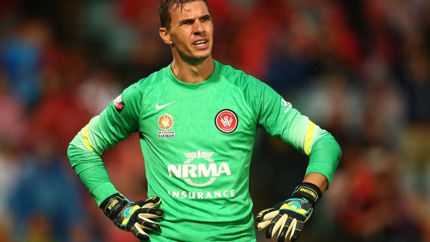 Tough to take: Wanderers keeper Ante Covic reacts to going behind early against the Roar.