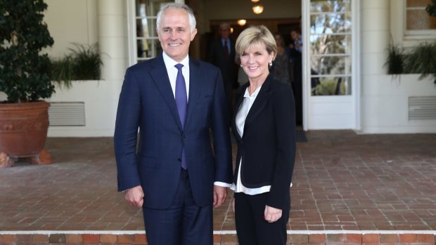 Malcolm Turnbull poses with Deputy Liberal Leader Julie Bishop after he was was sworn in as the 29th Prime Minister of Australia.