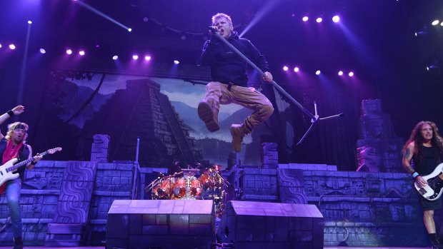 Fresh from flying the band's Boeing 747 into Brisbane, Iron Maiden frontman Bruce Dickinson does what he does best at Boondall.