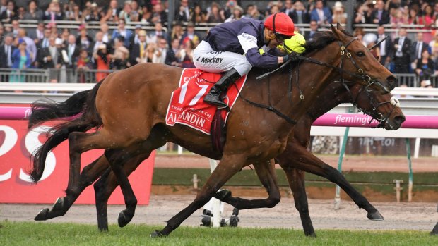 Kerrin McEvoy rides Almandin to victory in the Melbourne Cup.