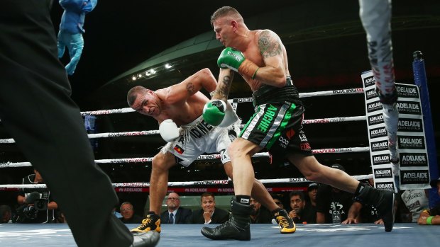 Anthony Mundine and Danny Green during their cruiserweight bout at Adelaide Oval on Friday night.