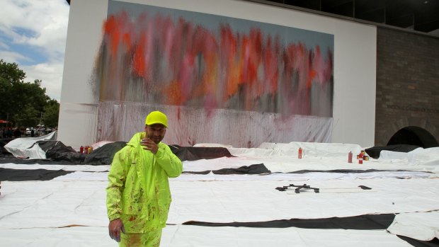 Ash Keating painted a huge tarpaulin draped on the north wall of the NGV for <i>Melbourne Now</i> in 2013.