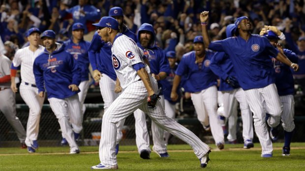 The Cubs celebrate advancing to the next stage of the postseason.