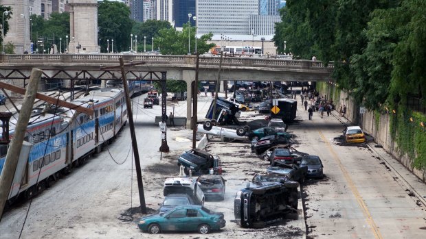 Wrecked cars seen next to a railway track on the set for <i>Transformers, Dark Side of the Moon</i>.