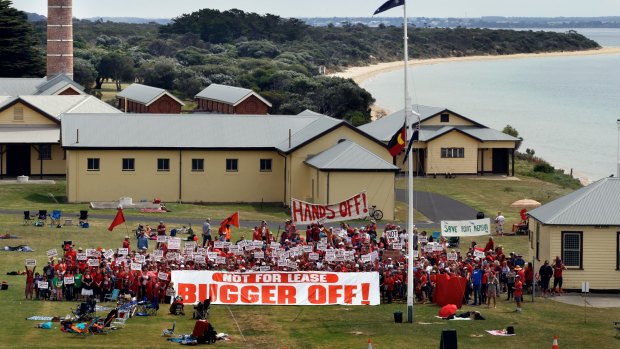 Protesters at Point Nepean in 2014 objecting to the former government's proposal to develop the quarantine station site.