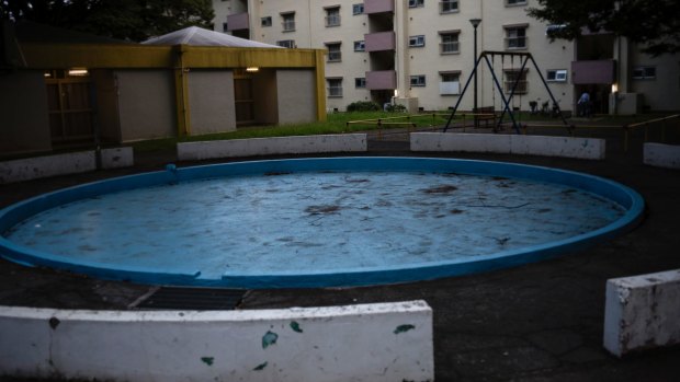 The now empty children's wading pool at the danchi, or housing complex, in Tokiwadaira.