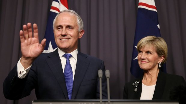 Malcolm Turnbull and his deputy Julie Bishop, at his first press conference as Prime Minister.