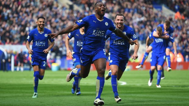 Wes Morgan celebrates after scoring for Leicester against Southampton.