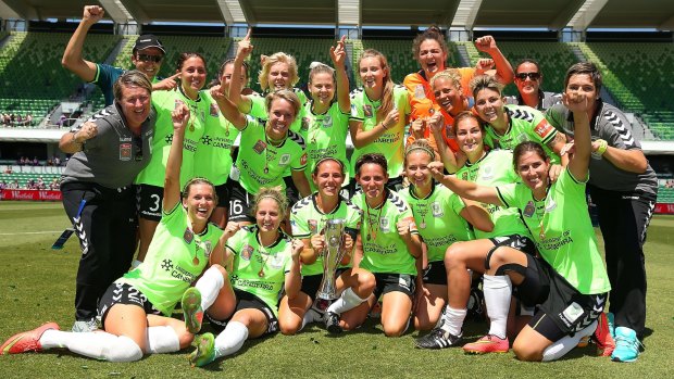 Canberra United celebrates its W-League championship after beating Perth Glory 3-1 in the grand final on Sunday.