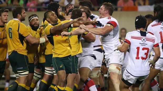 Fisticuffs: An altercation breaks out between the Wallabies and the United States Eagles at Soldier Field in Chicago.