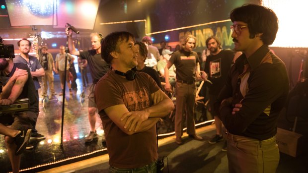 Director Richard Linklater with actor Juston Street (Jay) on the set of <i>Everybody Wants Some!!</i>