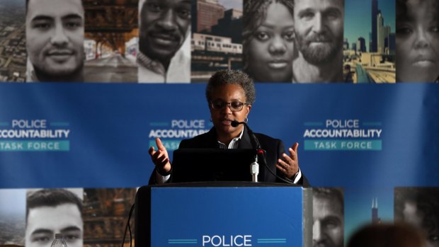 Task Force on Police Accountability chairwoman Lori  Lightfoot at a news conference in Chicago on Wednesday. 