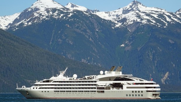 Ponant ship Le Solal sailing past Haines on the way to Skagway. 
