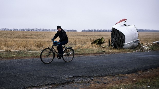 A man rides his bike past the crash site of the Malaysia Airlines plane.