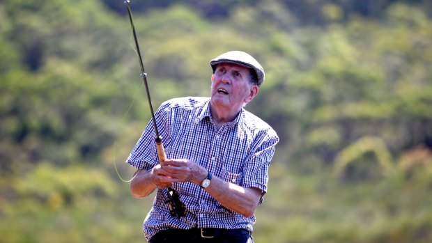 Tony Taylor at Manly Dam, practising his fly-fishing casting, in 2012.
