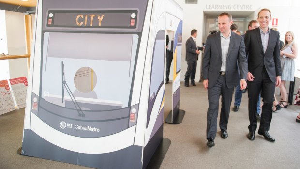 ACT Chief Minister Andrew Barr and Capital Metro Minister Simon Corbell launch the consultation on light rail designs.