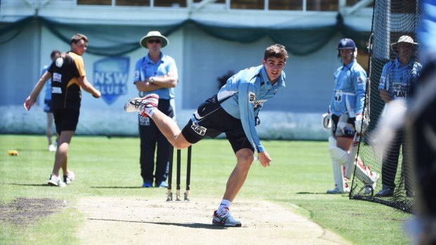 Return: Sean Abbott bowls in the nets at NSW training on Monday  for the first time since Phillip Hughes' death.