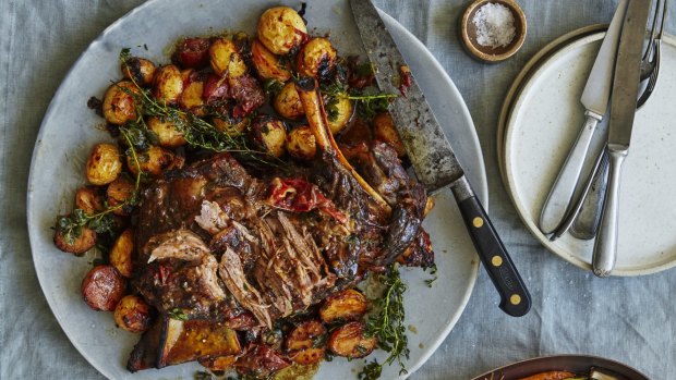 Braised lamb shoulder with potatoes.