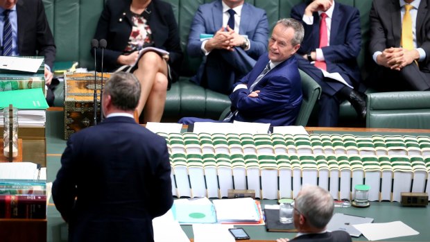 Opposition Leader Bill Shorten , Deputy Prime Minister Barnaby Joyce and Prime Minister Malcolm Turnbull during question time earlier this month.