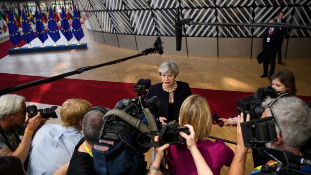 British PM Theresa May arrives at the European Council meeting in Brussels, Belgium, on June 22.