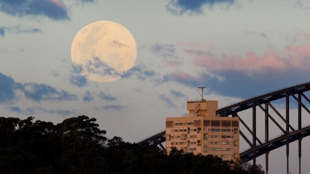 A supermoon rises over Sydney Harbour Bridge in 2014.