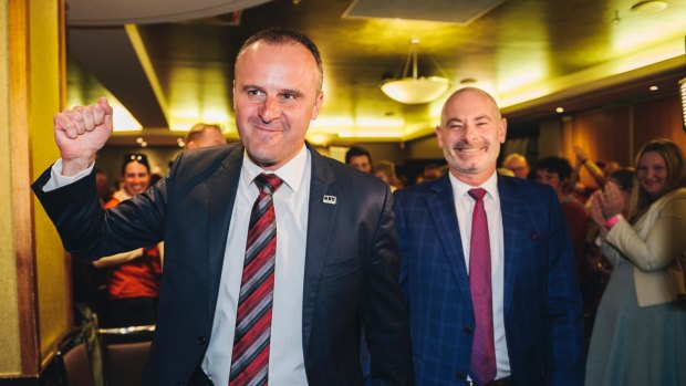 Andrew Barr and his partner arrive at Labor's official party on the night of the 2016 ACT election.