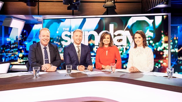 Peter Helliar, Hamish McDonald, Lisa Wilkinson and Rachel Corbett during Wilkinson's first appearance on <i>The Project</i> after defecting from Nine to Ten.