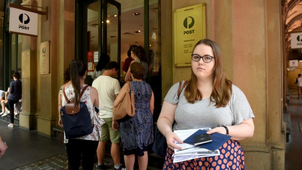 Sarah Hort outside Martin Place post office on Wednesday, after discovering the Potts Point office was closed.