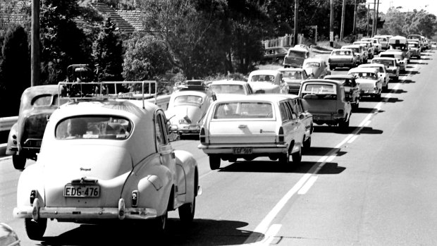 A common sight on the Pacific Highway come holiday time, as traffic is reduced to a crawl in 1968.