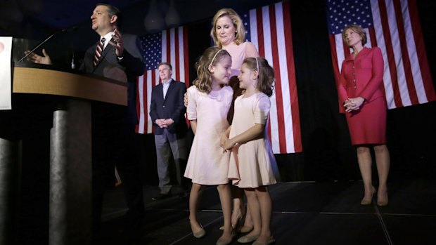 From left, Republican presidential candidate, Senator Ted Cruz, Texas Lieutenant-Governor Dan Patrick, daughter Caroline, wife Heidi, daughter Catherine, and former Republican presidential candidate Carly Fiorina on Tuesday.