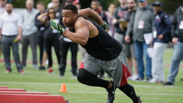 Power: Stanford defensive end Solomon Thomas during his NFL pro day.