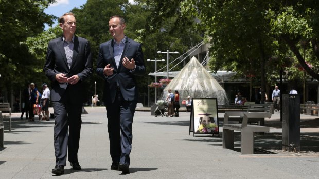 ACT chief minister Andrew Barr and deputy Simon Corbell at City Walk in Civic. 