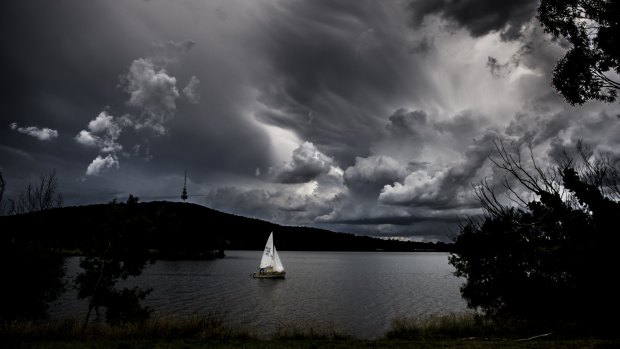 Storm clouds gather over Lake Burley Griffin.