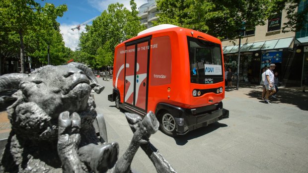 A driverless shuttle, trialled in the city on Thursday. 