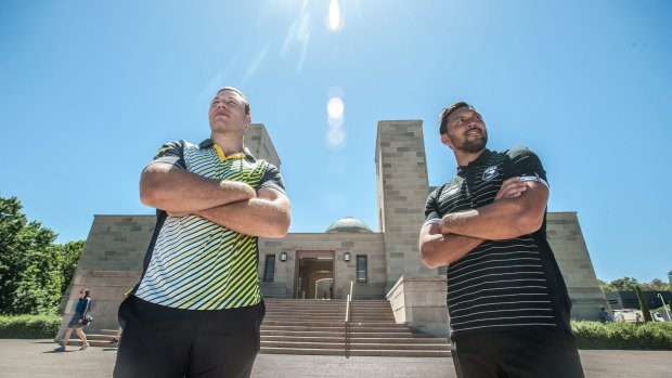 Canberra Raiders players Shannon Boyd and Jordan Rapana at the Australian War Memorial on Monday.